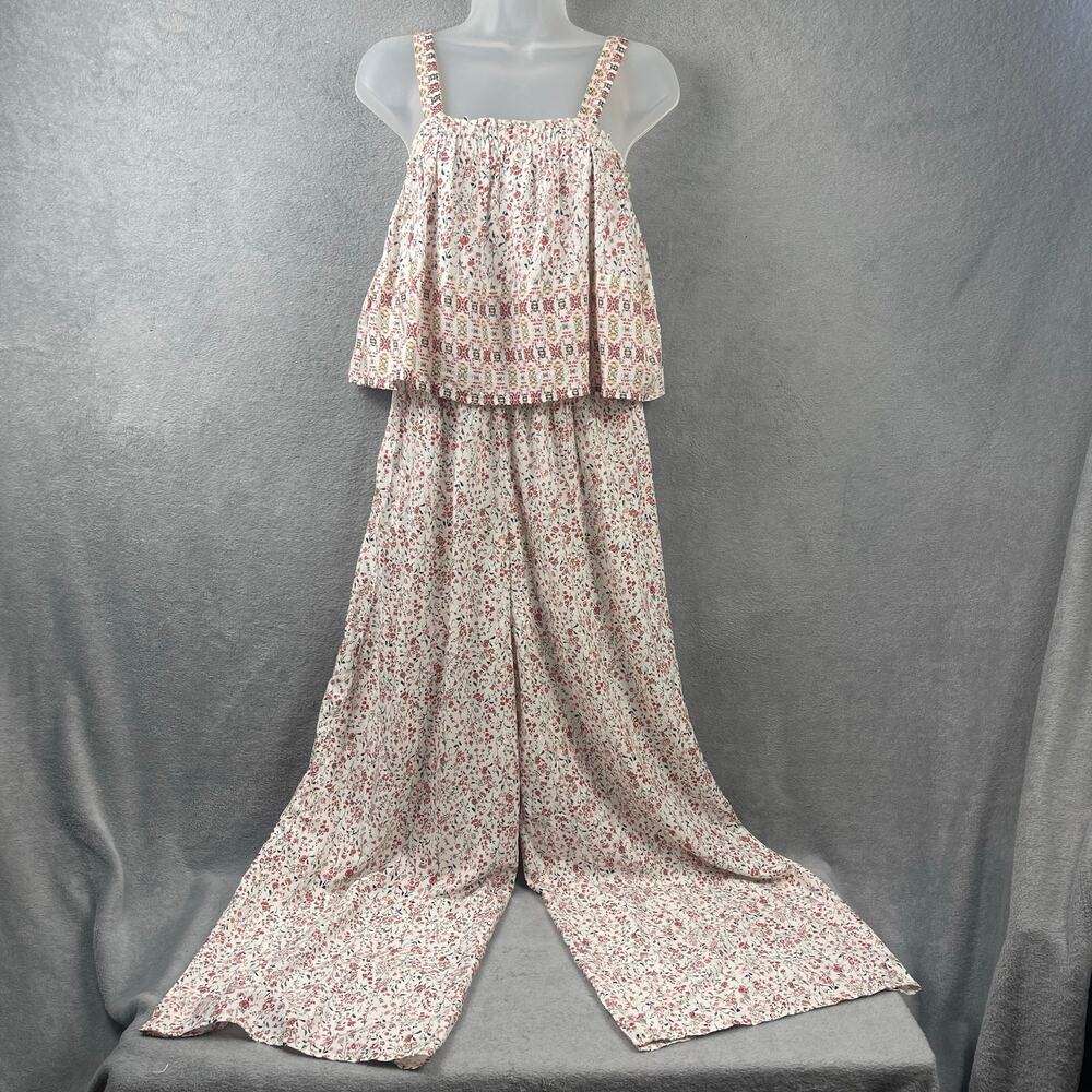 Japna Womens Wide Leg Floral Romper SZ L Smocked Jumpsuit Boho Beach Cottagecore